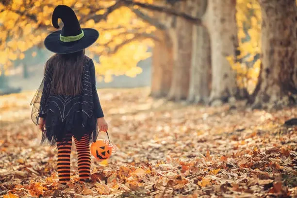 Halloween card design 4 — witch in autumn leaves
